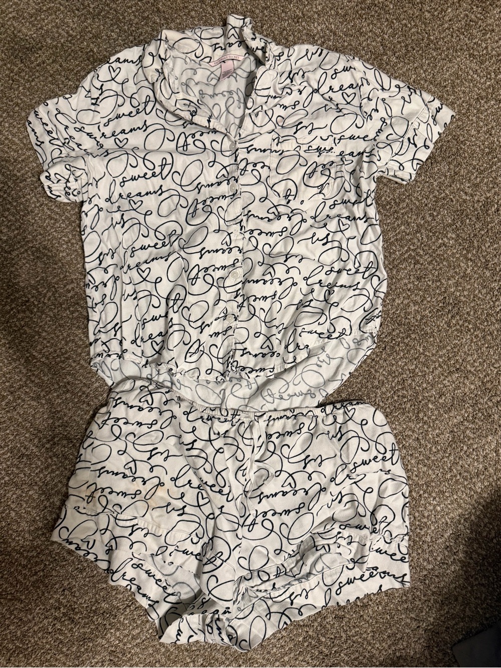 Victoria's Secret White and Black Script Short Pajama Set